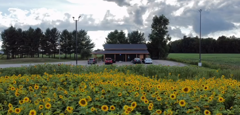 Highway Dispos Standish storefront in summer, sunflowers along M-61